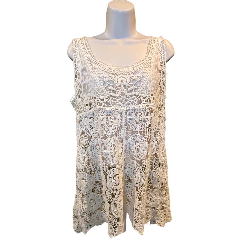 Symmetry Womens XL Ivory Cotton Crochet Lace Boho Sleeveless Tank Top Scoop Neck